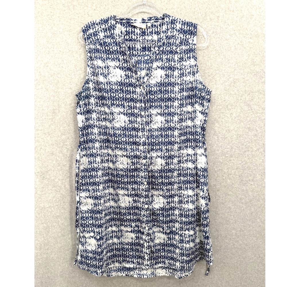 Dolma Shirt Dress Womens XL Blue Geometric Cotton Sleeveless Button Front Belted